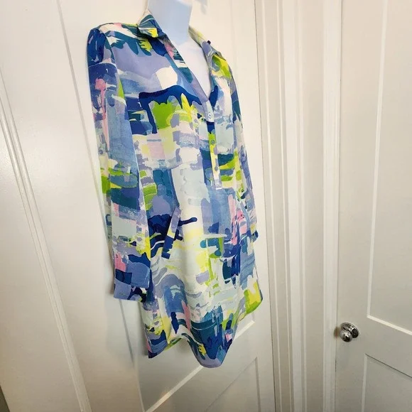 Tori Richard Silk Tunic Dress Top 2 Abstract Roll Tab Resort Lux Vacation Beach - Picture 5 of 16